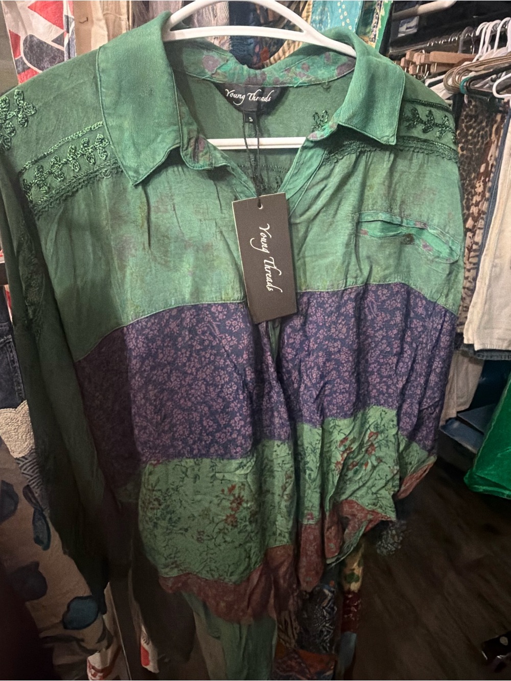 Young threads Green & Purple Patchwork Button-Up Shirt